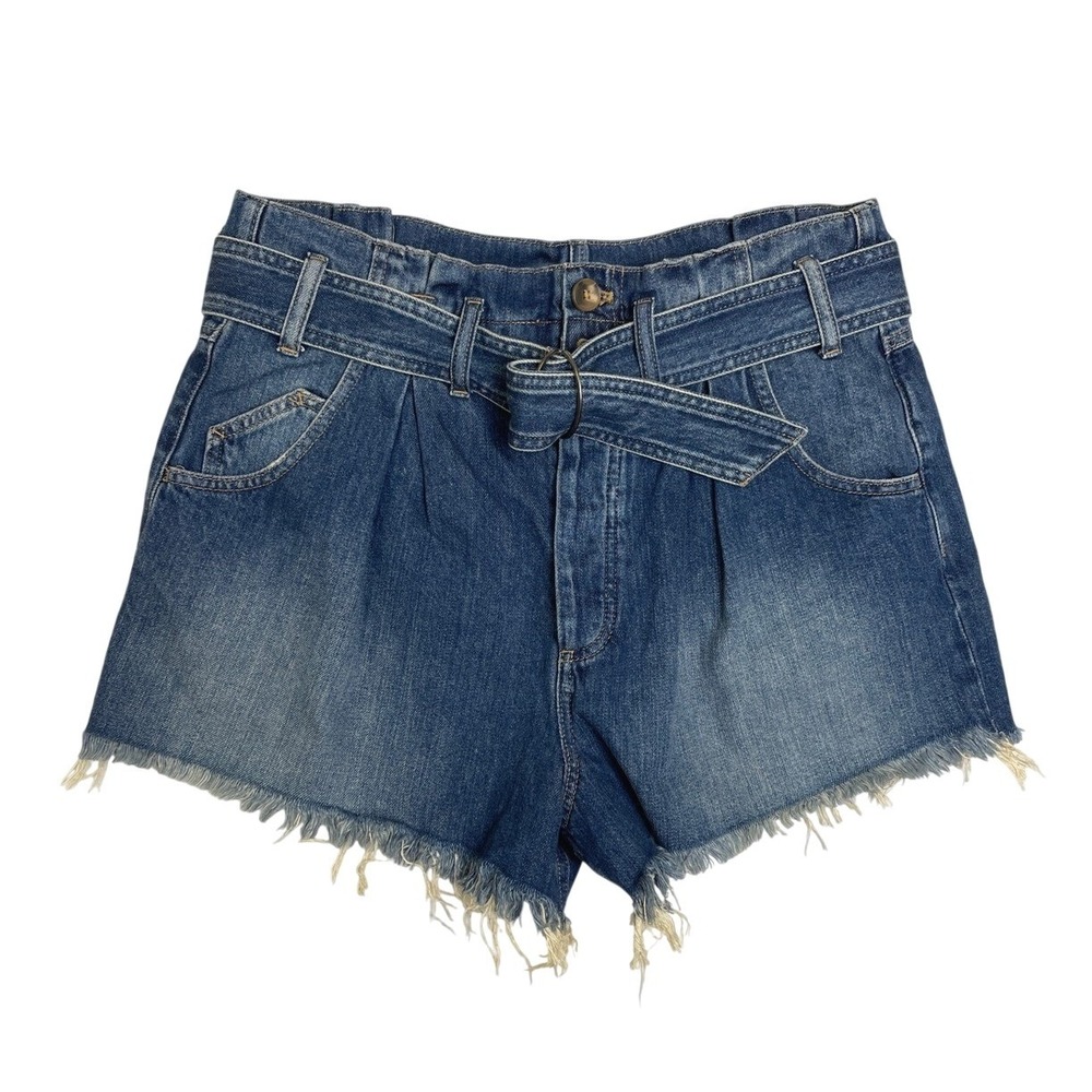 We The Free People Denim Shorts Blue Paperbag Waist Belted Frayed Hem Large